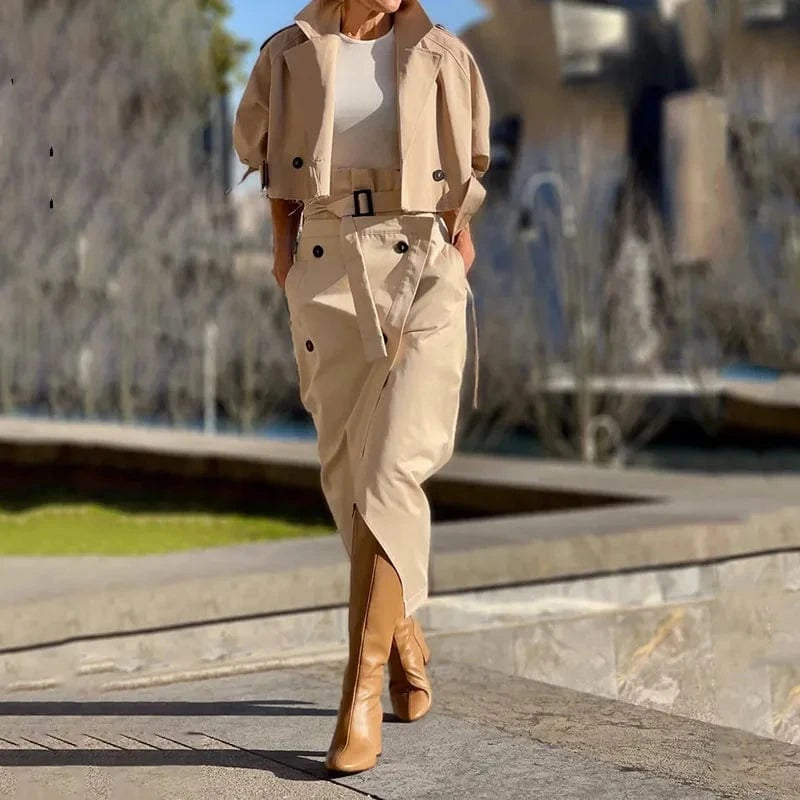 khaki / XXL Two Piece Set Women Dress Sets Belt Midi Skirts Cardigan Coats Suits A Line Loose Fit Casual Frock Skirt Office Lady Spring