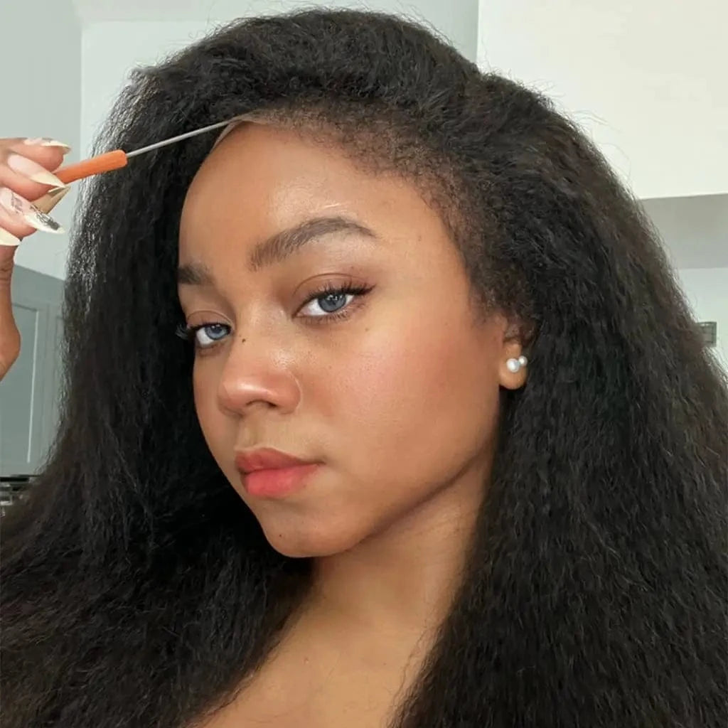kinky straight / 20 Inches New 4C Textured Hairline Wigs Curly Baby Hair Natural Edges Skin Melt HD Lace Frontal Wigs Kinky Yaki Straight Human Hair Wigs