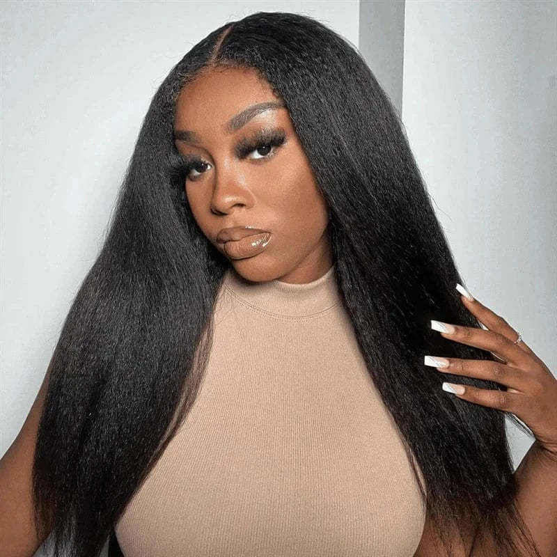 Kinky Straight / 30 Inches 13x4 HD Lace Front Wig #1B Highlight Straight Transparent Lace Human Hair Wigs Kinky Straight Glueless Wigs
