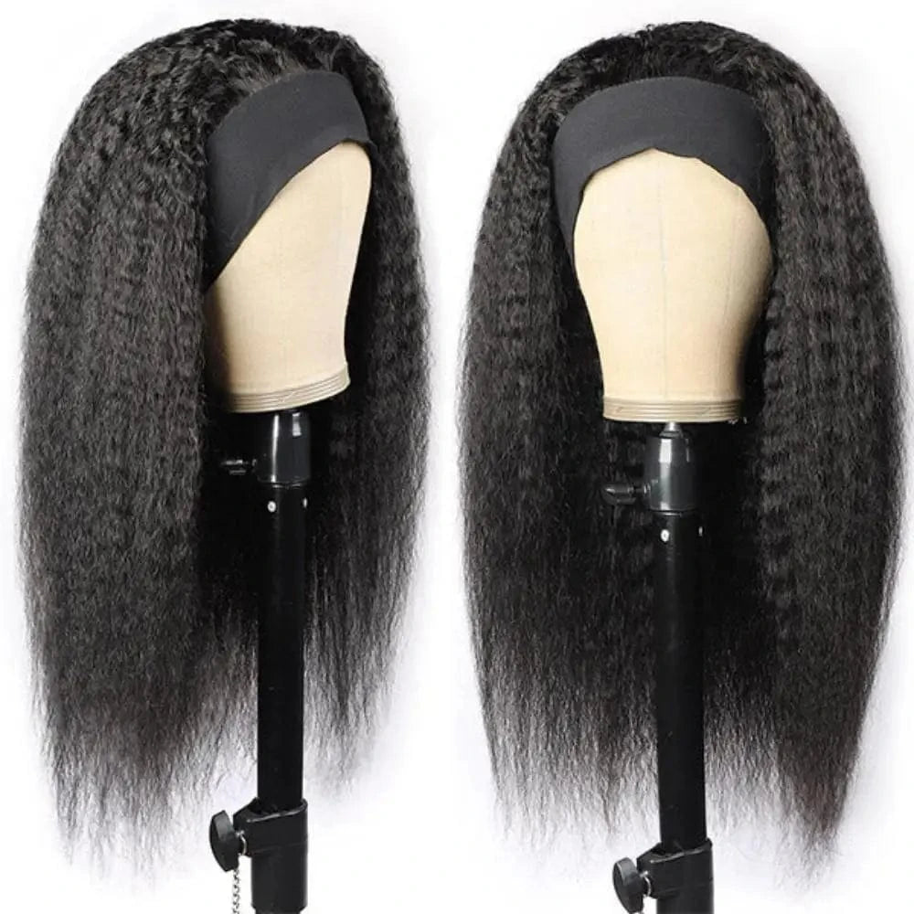 Kinky Straight Headband Wig Human Hair Yaki Headband Wig Full Machine Made Wigs Yaki Natural Color Brazilian Remy Hair Wig 180%