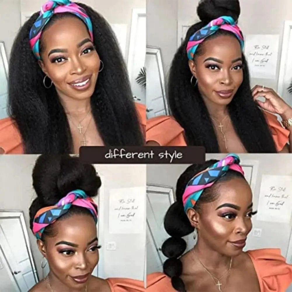Kinky Straight Headband Wig Human Hair Yaki Headband Wig Full Machine Made Wigs Yaki Natural Color Brazilian Remy Hair Wig 180%