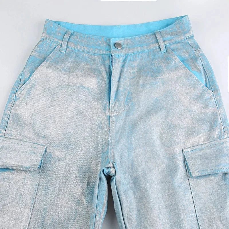 KJ08651 Glossy 2 Piece Jeans Set Sexy Strapless Tube Top Denim Straight Leg Pants Set Patchwork Casual High Street Outfit