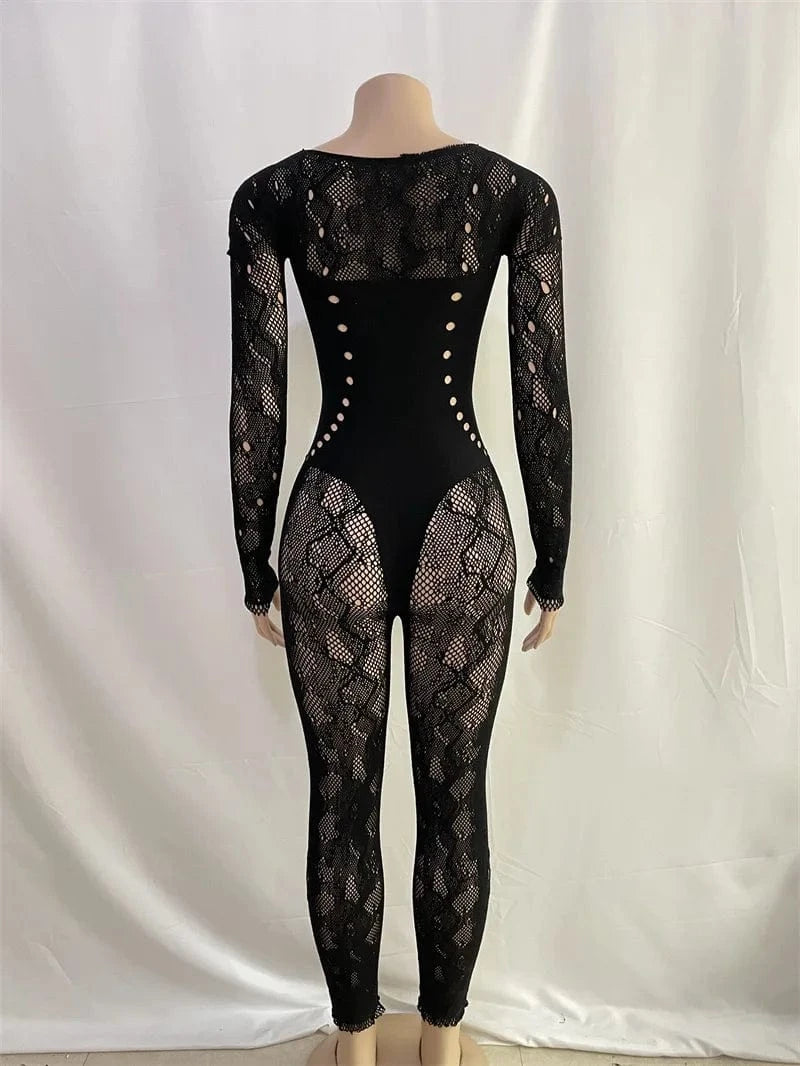 Kliou 2024 new lace hollow out long sleeve O-neck jumpsuit pant solid bodycon sexy outfit jumpsuit for women