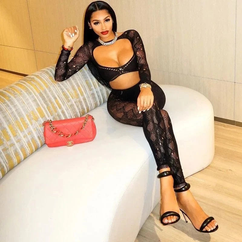 Kliou 2024 new lace hollow out long sleeve O-neck jumpsuit pant solid bodycon sexy outfit jumpsuit for women