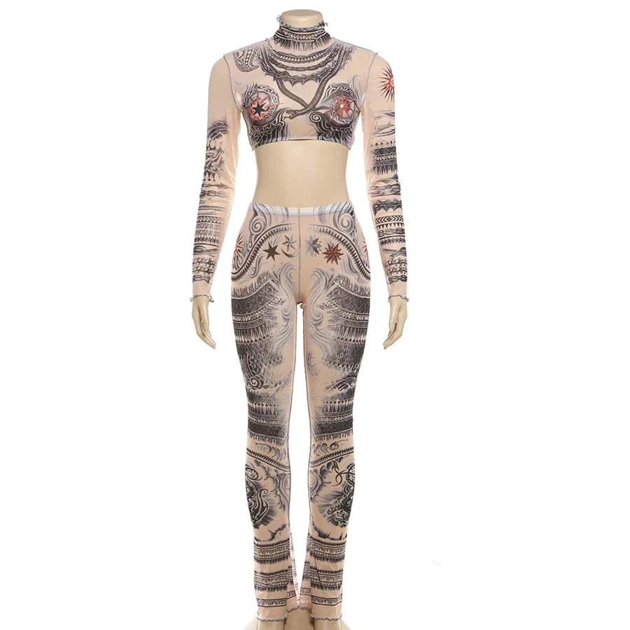 Kliou K23S41304 Spring clothing 2 piece set women long sleeve crop tops+leggings outfit casual printed mock neck womens sets
