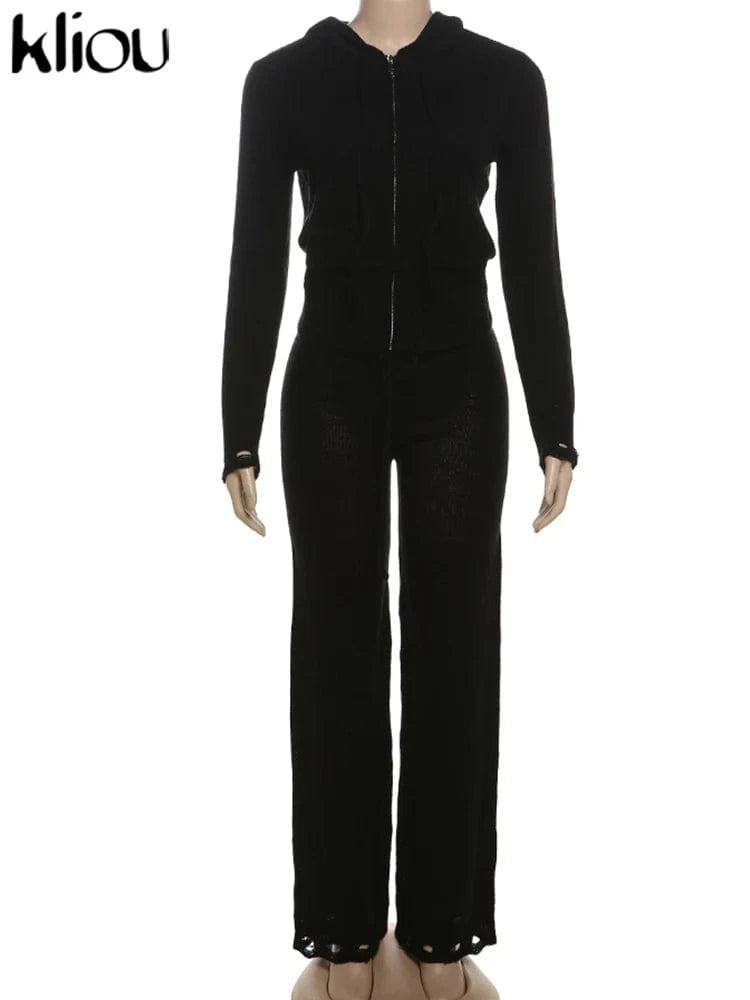 kliou Wild Casual WOmen Autumn 2 Piece Set New Matching Outfits Sporty Hooded Zip-up Crop Tops+Bandage Straight Pants Tracksuits