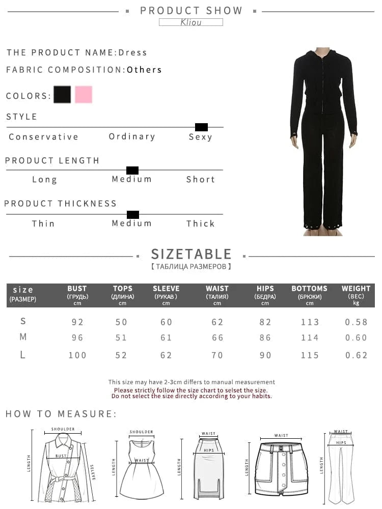 kliou Wild Casual WOmen Autumn 2 Piece Set New Matching Outfits Sporty Hooded Zip-up Crop Tops+Bandage Straight Pants Tracksuits