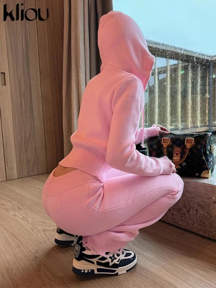 kliou Wild Casual WOmen Autumn 2 Piece Set New Matching Outfits Sporty Hooded Zip-up Crop Tops+Bandage Straight Pants Tracksuits