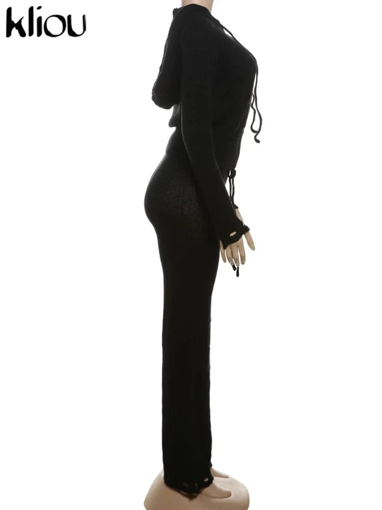 kliou Wild Casual WOmen Autumn 2 Piece Set New Matching Outfits Sporty Hooded Zip-up Crop Tops+Bandage Straight Pants Tracksuits