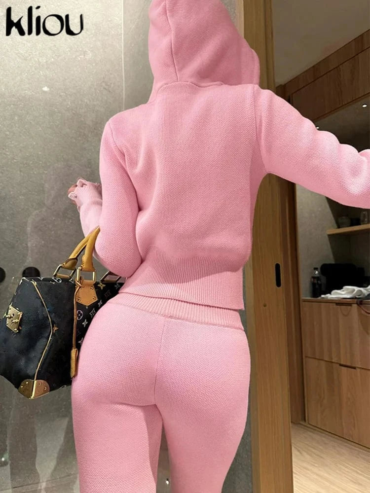 kliou Wild Casual WOmen Autumn 2 Piece Set New Matching Outfits Sporty Hooded Zip-up Crop Tops+Bandage Straight Pants Tracksuits