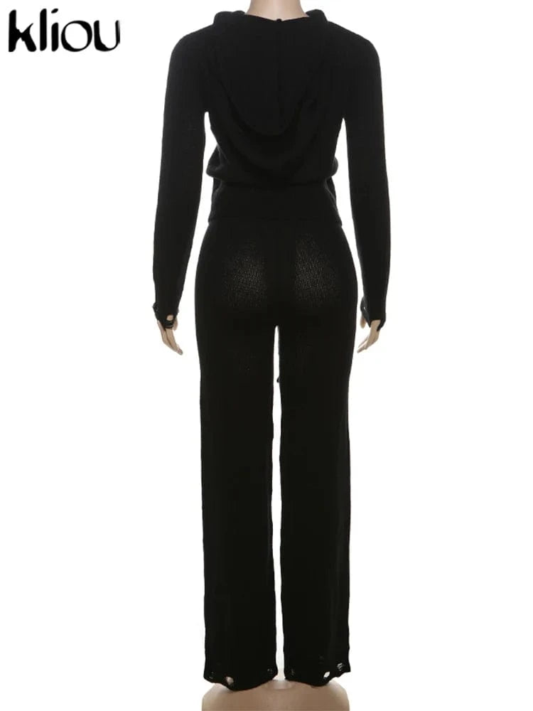 kliou Wild Casual WOmen Autumn 2 Piece Set New Matching Outfits Sporty Hooded Zip-up Crop Tops+Bandage Straight Pants Tracksuits