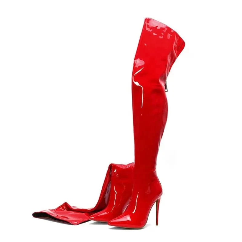 Knee-high boots black sexy glossy finish back zipper ultra-fine high heels European and American plus size elastic boots 2024