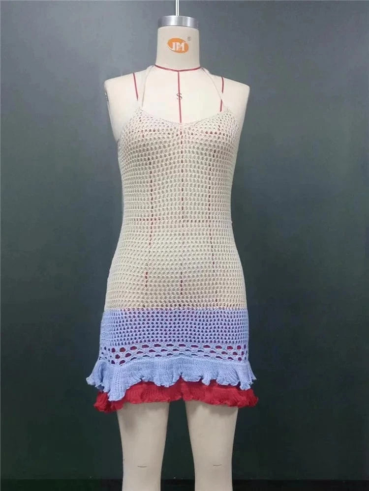 Knit Women Halter Bud Dress Summer Patchwork Skinny Bodycon Vacation Clubwar