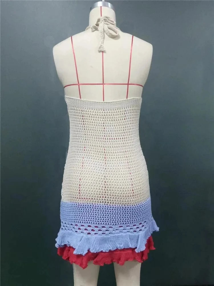 Knit Women Halter Bud Dress Summer Patchwork Skinny Bodycon Vacation Clubwar