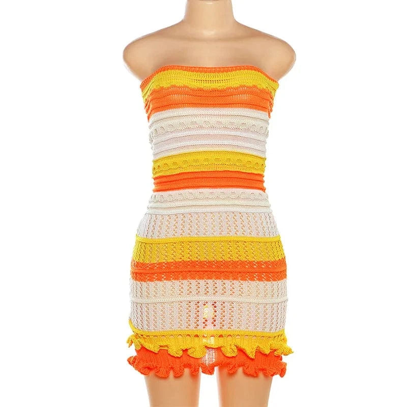 Knit Women Tube Dress Elegant Summer Patchwork Striped Ruffles Hem Skinny Stretch Bodycon Clubwear Sexy Night Club Short Dress