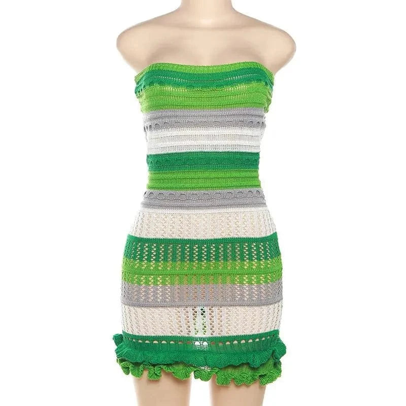 Knit Women Tube Dress Elegant Summer Patchwork Striped Ruffles Hem Skinny Stretch Bodycon Clubwear Sexy Night Club Short Dress