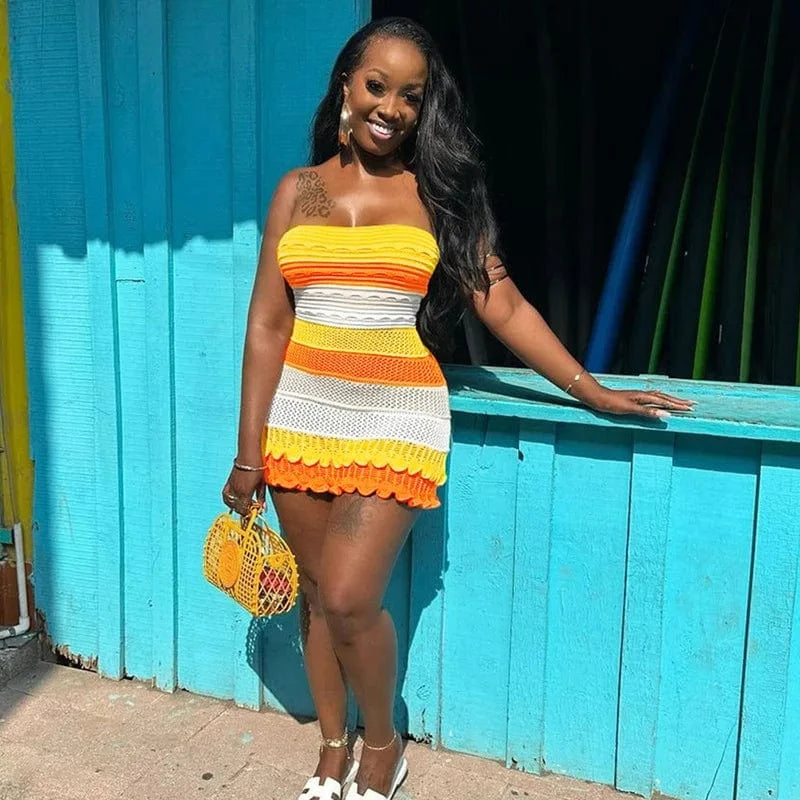 Knit Women Tube Dress Elegant Summer Patchwork Striped Ruffles Hem Skinny Stretch Bodycon Clubwear Sexy Night Club Short Dress