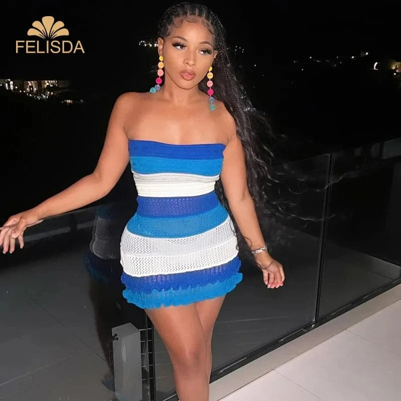Knit Women Tube Dress Elegant Summer Patchwork Striped Ruffles Hem Skinny Stretch Bodycon Clubwear Sexy Night Club Short Dress