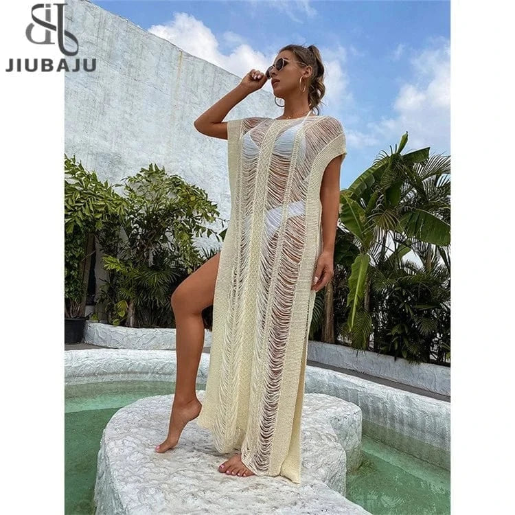 Knitted Beach Cover Up Crochet Pareo Bikini Cover Up Bathing Suit Cover Ups Tassel Long Beach Dress