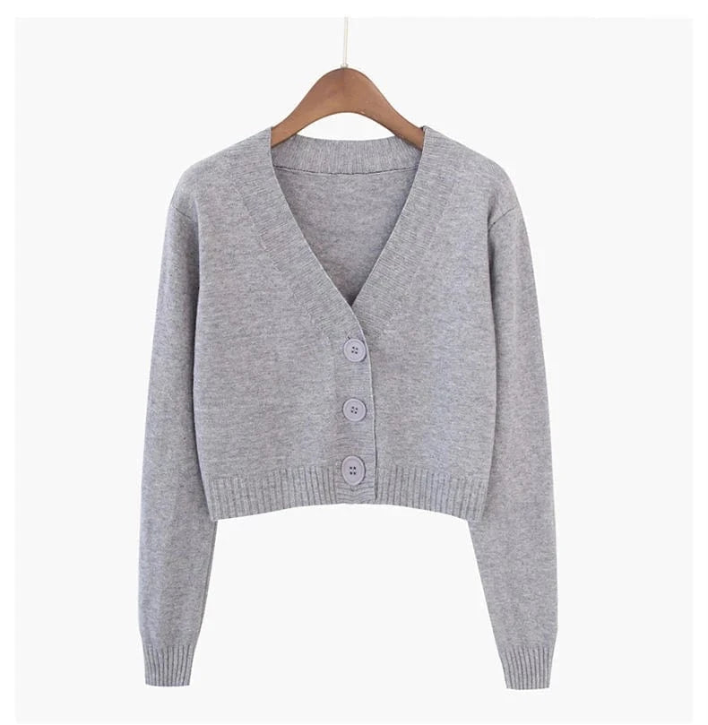 Knitted Cropped Cardigan Women Korean Short Sweater Long sleeve Crop Top V neck Fashion Y2k Clothes Green Blue