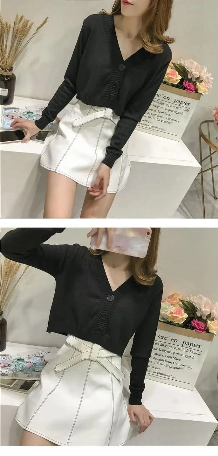 Knitted Cropped Cardigan Women Korean Short Sweater Long sleeve Crop Top V neck Fashion Y2k Clothes Green Blue