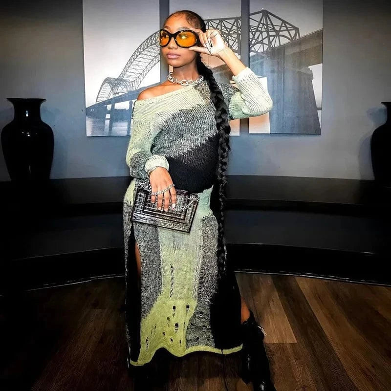 Knitted Panelled Maxi Dress Women Fall 2023 Full Sleeve Round Neck Street Style Bodycon Lady 2023 Classic Patchwork Dress