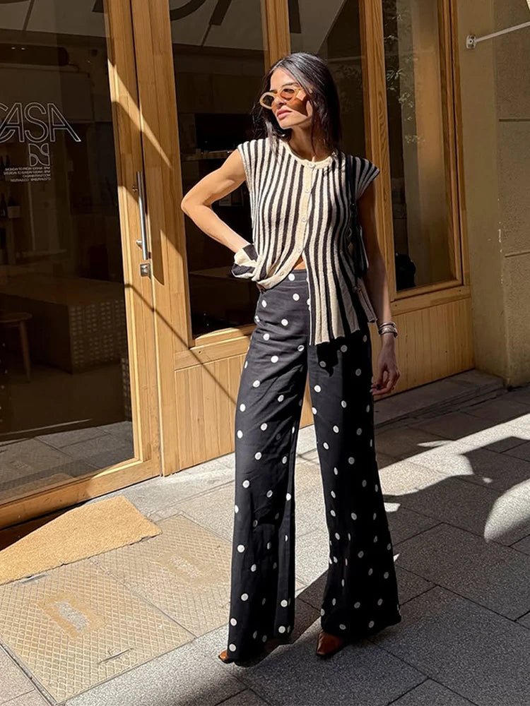 Knitted Stripe Pants Set For Women O - Neck Top With Single Breasted Detailing Elegant Style - SN Wigs & More