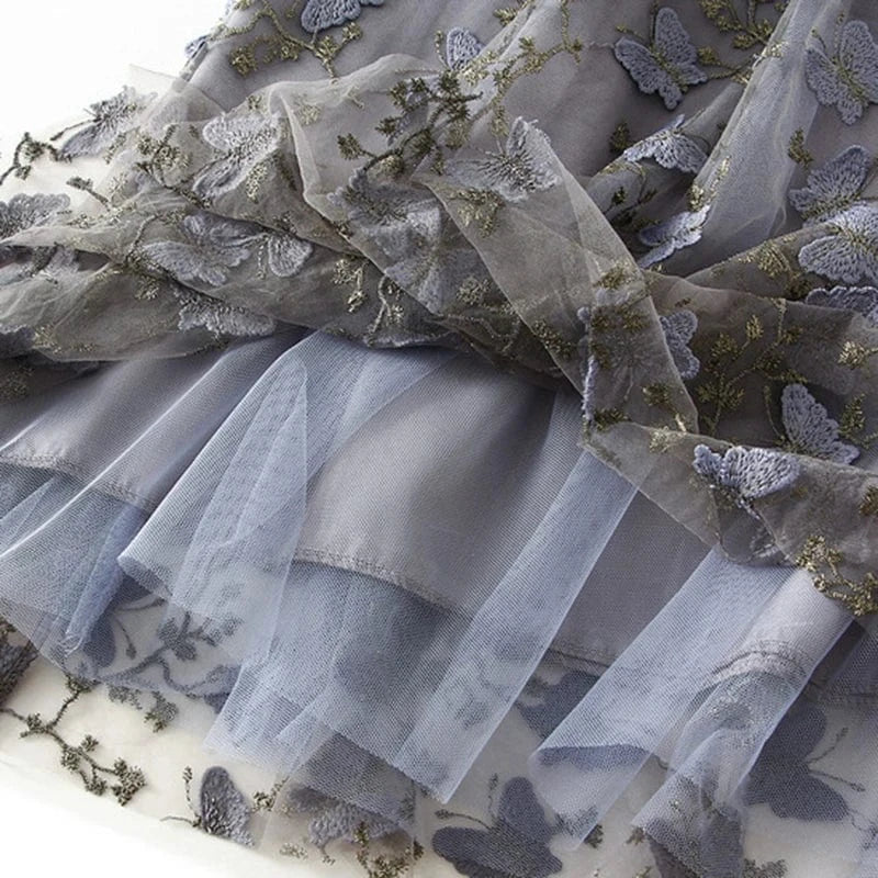 Korean Casual A-line Mesh Skirts for Women Floral Embroidery Fashion High Waisted Mid-Length Skirt Ladies Lining Chic Charming