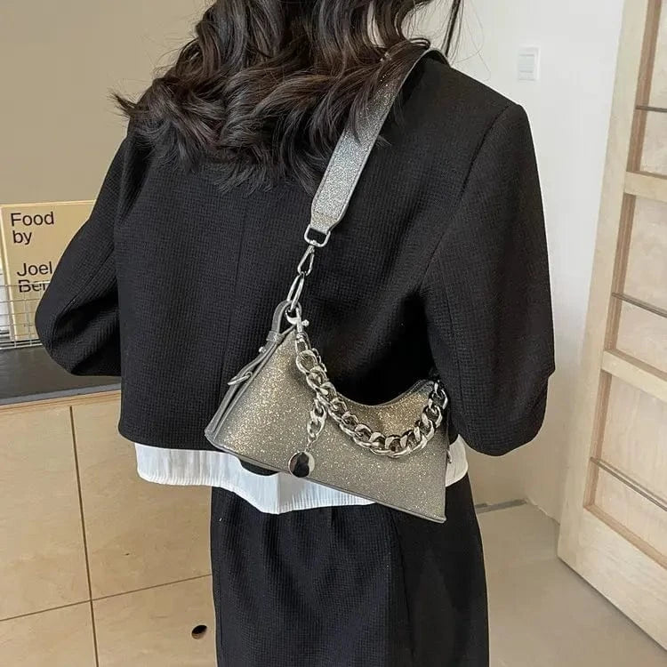 Korean Fashion Silver Small Underarm Bag for Women 2024 Trend Designer Sequined Armpit Handbags Thick Chain Simple Shoulder Bag
