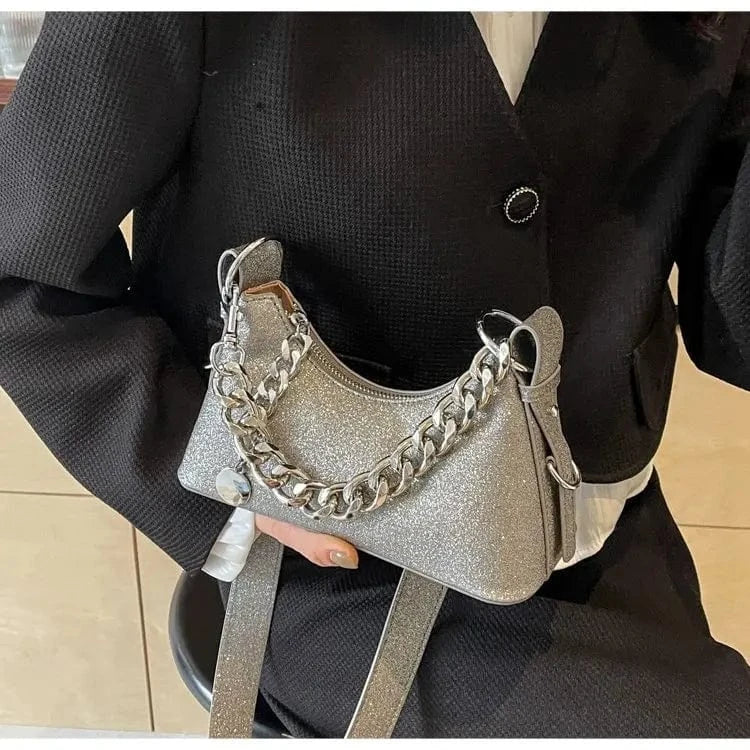 Korean Fashion Silver Small Underarm Bag for Women 2024 Trend Designer Sequined Armpit Handbags Thick Chain Simple Shoulder Bag