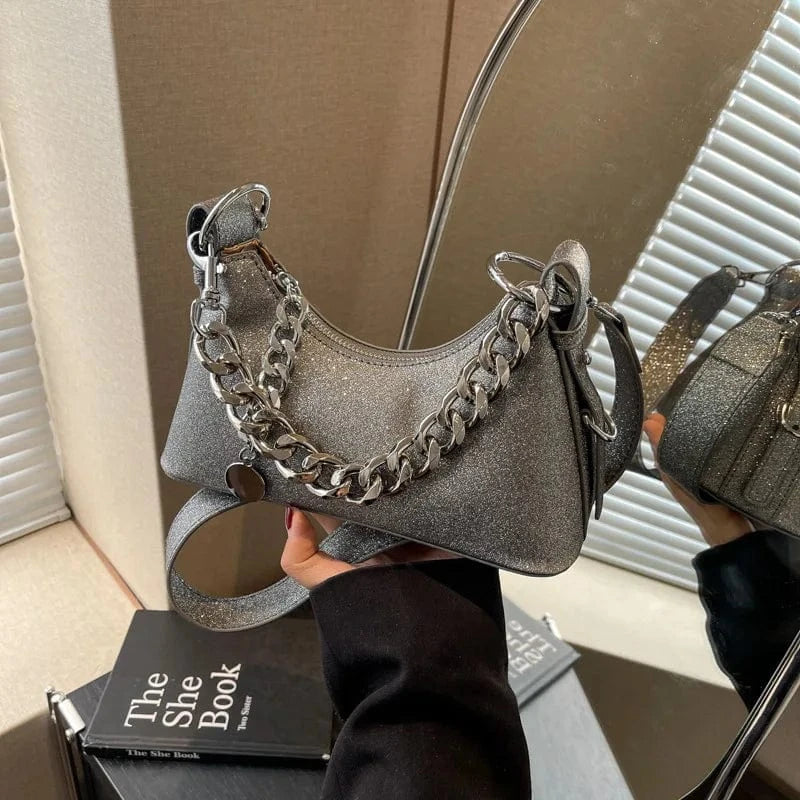 Korean Fashion Silver Small Underarm Bag for Women 2024 Trend Designer Sequined Armpit Handbags Thick Chain Simple Shoulder Bag