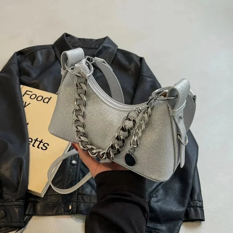 Korean Fashion Silver Small Underarm Bag for Women 2024 Trend Designer Sequined Armpit Handbags Thick Chain Simple Shoulder Bag