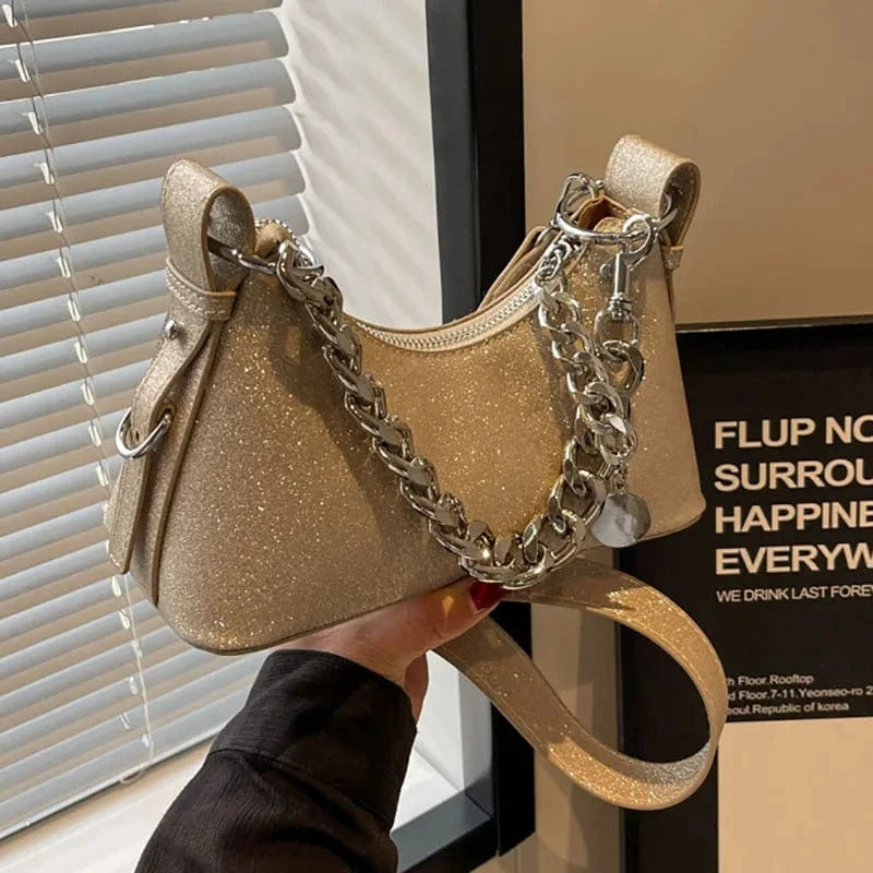Korean Fashion Silver Small Underarm Bag for Women 2024 Trend Designer Sequined Armpit Handbags Thick Chain Simple Shoulder Bag