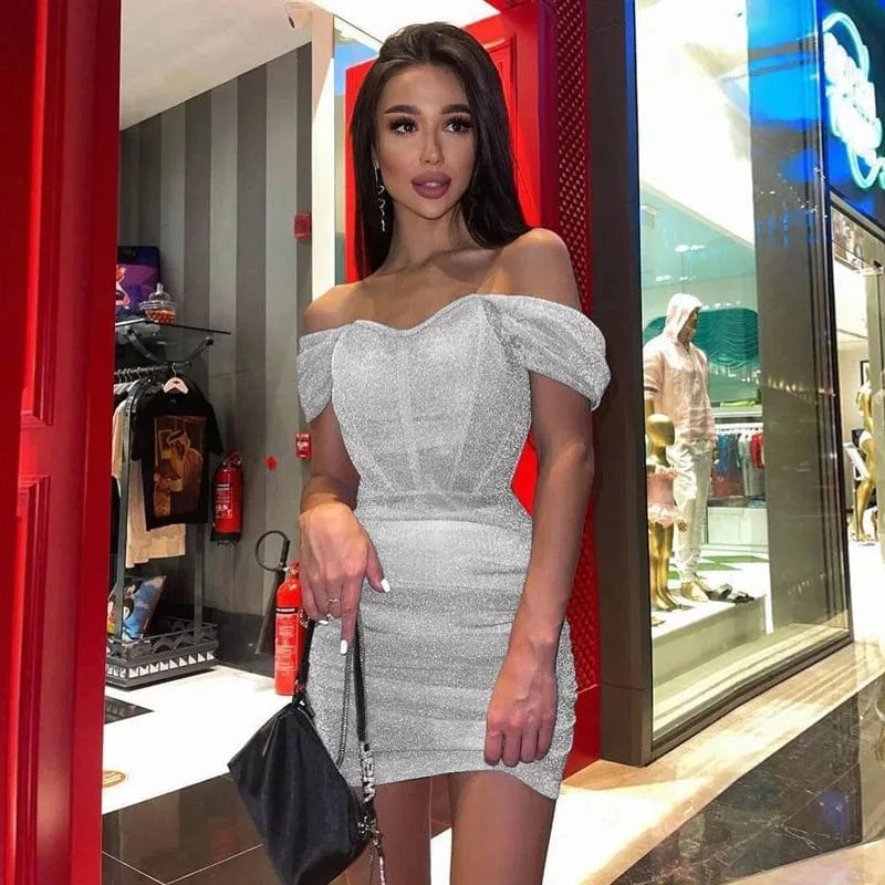 Korean Fashion Women Clothing Off Shoulder Mini Dress Black Sequin Corset Ruched Prom Nightclub Bodycon Sexy Evening Tunic Dress
