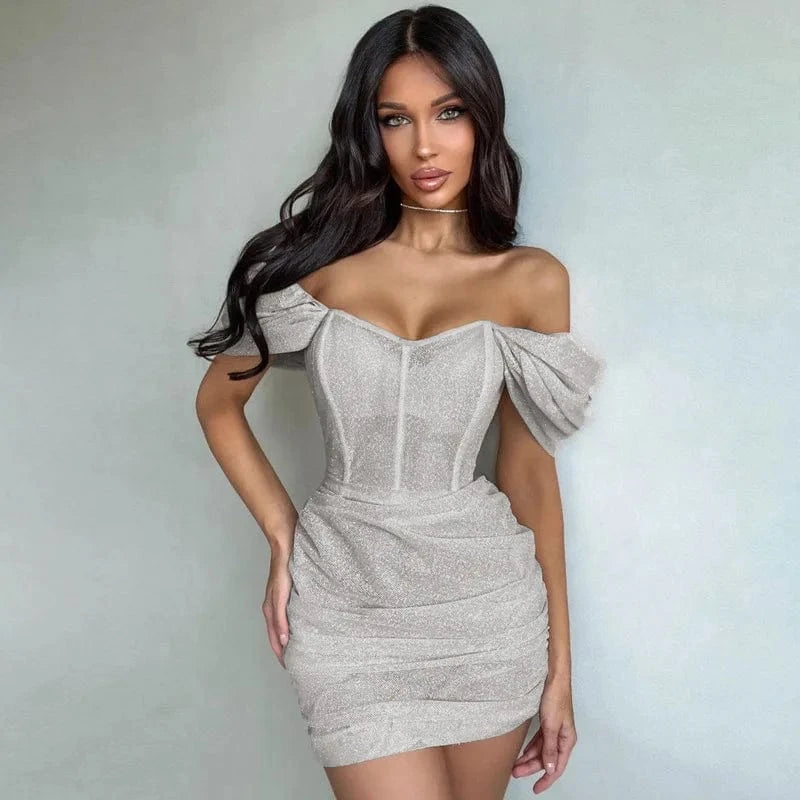 Korean Fashion Women Clothing Off Shoulder Mini Dress Black Sequin Corset Ruched Prom Nightclub Bodycon Sexy Evening Tunic Dress