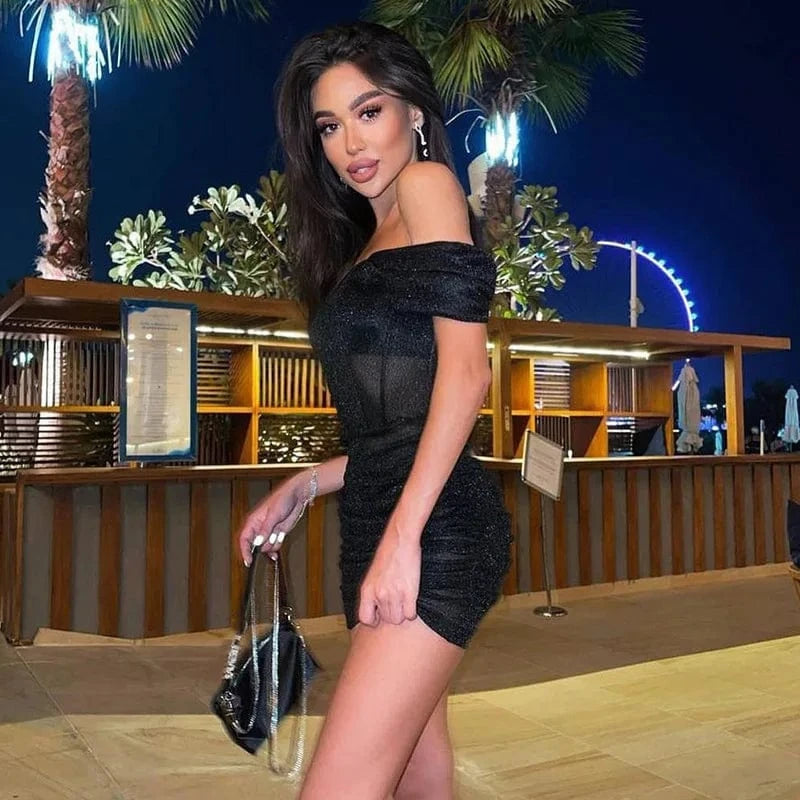 Korean Fashion Women Clothing Off Shoulder Mini Dress Black Sequin Corset Ruched Prom Nightclub Bodycon Sexy Evening Tunic Dress