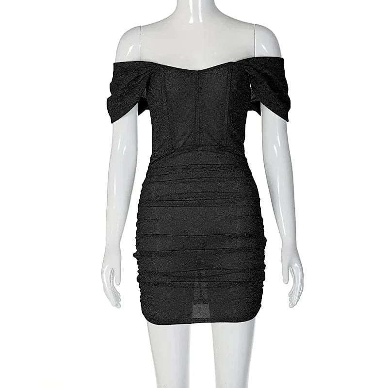 Korean Fashion Women Clothing Off Shoulder Mini Dress Black Sequin Corset Ruched Prom Nightclub Bodycon Sexy Evening Tunic Dress