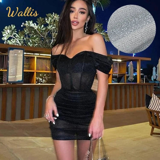 Korean Fashion Women Clothing Off Shoulder Mini Dress Black Sequin Corset Ruched Prom Nightclub Bodycon Sexy Evening Tunic Dress