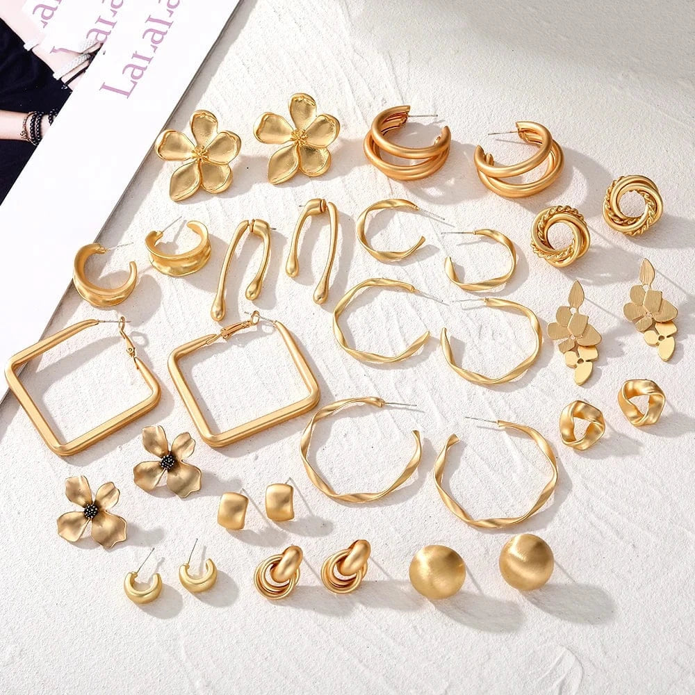 Korean Gold Metal Retro Flower Earrings for Women Flower Geometric Twisted Drop Earrings Hoop Earrings Fashion Jewelry Gifts