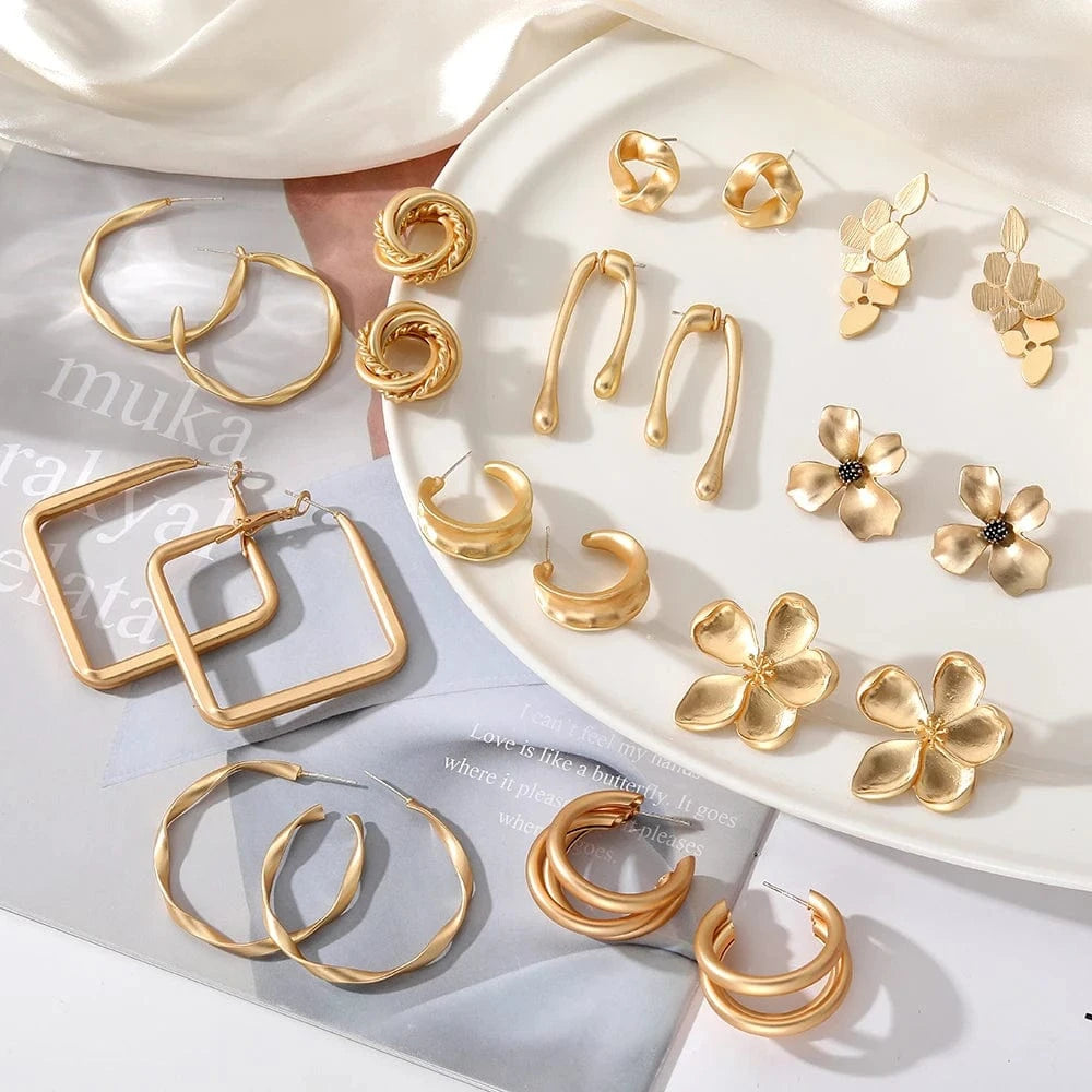 Korean Gold Metal Retro Flower Earrings for Women Flower Geometric Twisted Drop Earrings Hoop Earrings Fashion Jewelry Gifts