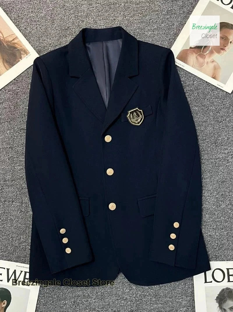 Korean navy blue design sense college wind suit jacket women's spring and autumn new fashion temperament popular top.