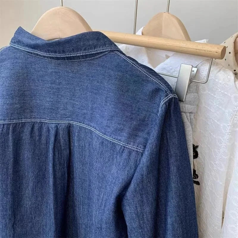 Korean retro dark blue denim long-sleeved shirt women's spring and autumn new fashion plus size loose coat embroidered shirt top