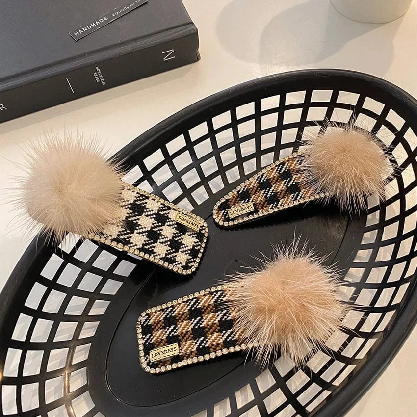 Korean Rhinestone Barrette Lattice Pattern Bobby Hairpin Good Price Soft Fluffy Faux Rabbit Fur Hair Clips for Woman Girls