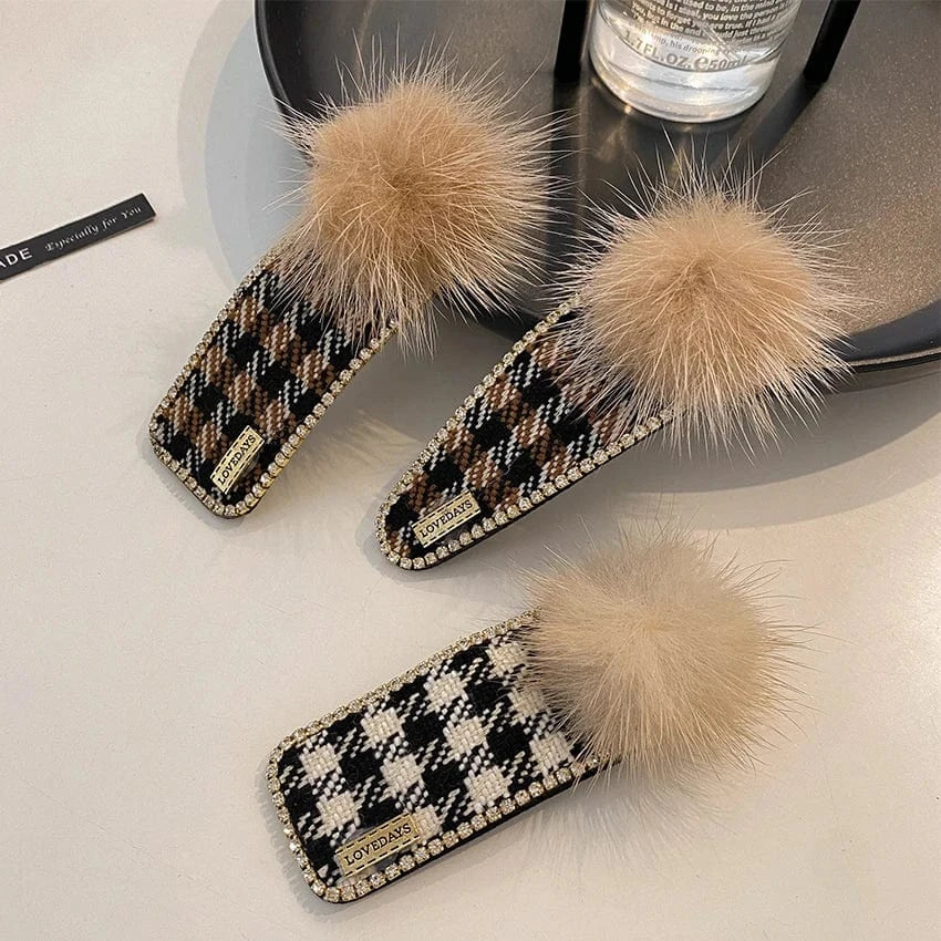Korean Rhinestone Barrette Lattice Pattern Bobby Hairpin Good Price Soft Fluffy Faux Rabbit Fur Hair Clips for Woman Girls