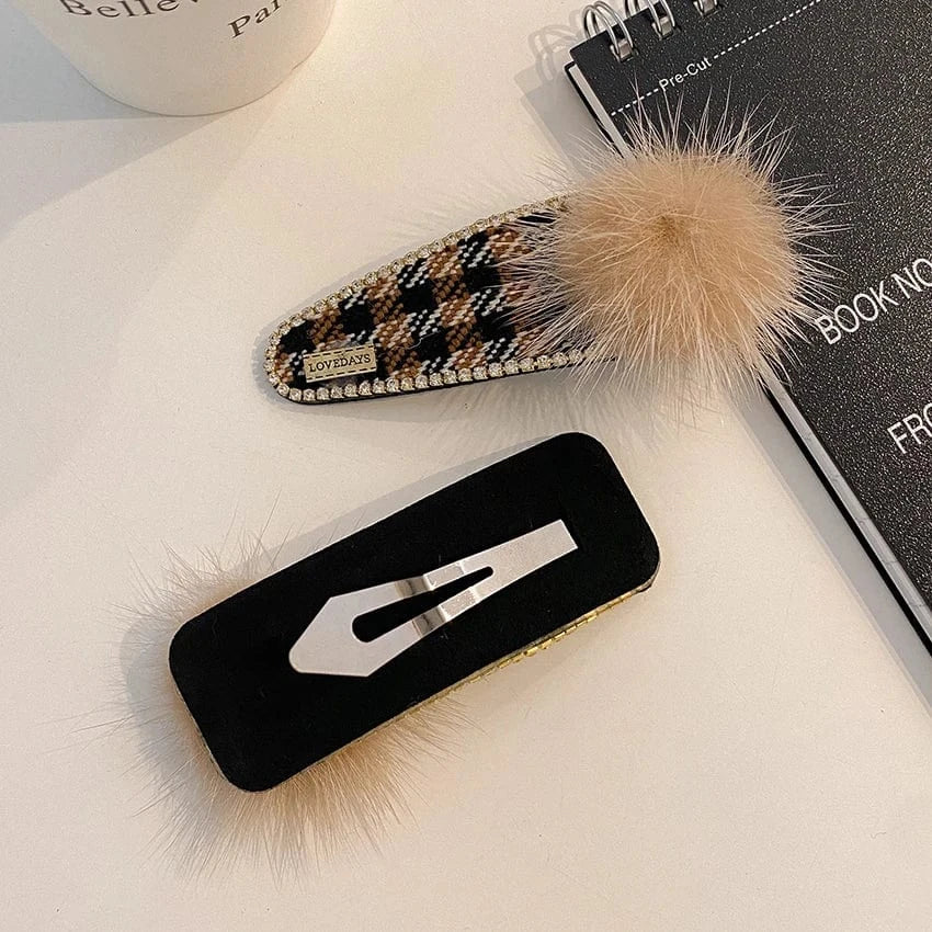 Korean Rhinestone Barrette Lattice Pattern Bobby Hairpin Good Price Soft Fluffy Faux Rabbit Fur Hair Clips for Woman Girls