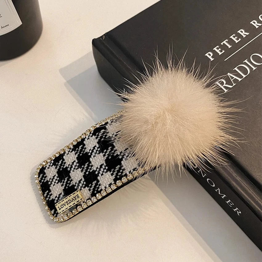 Korean Rhinestone Barrette Lattice Pattern Bobby Hairpin Good Price Soft Fluffy Faux Rabbit Fur Hair Clips for Woman Girls