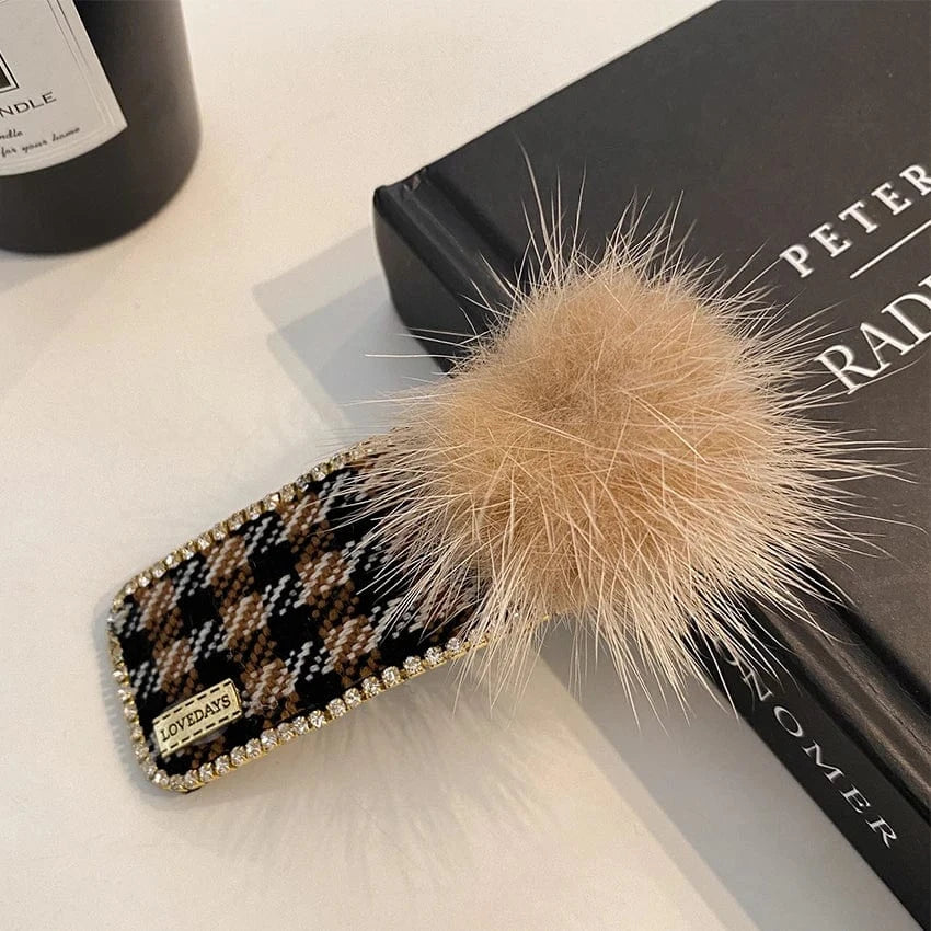 Korean Rhinestone Barrette Lattice Pattern Bobby Hairpin Good Price Soft Fluffy Faux Rabbit Fur Hair Clips for Woman Girls