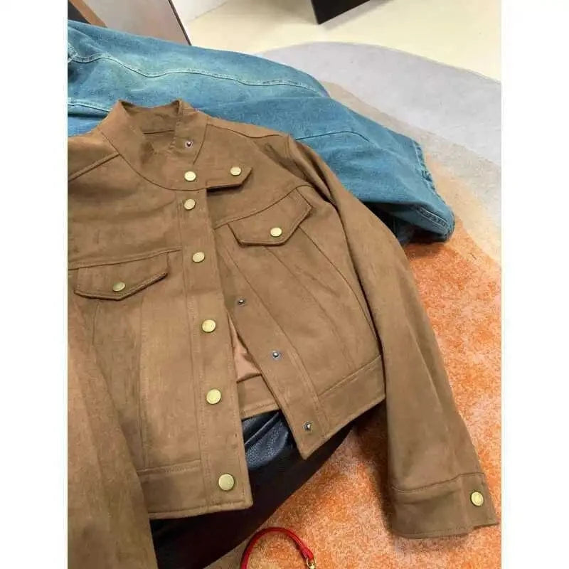 Korean small fragrant Maillard leather jacket female spring new fashion design sense advanced sense sweet cool suede jacket.