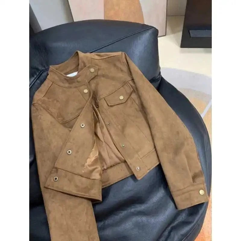 Korean small fragrant Maillard leather jacket female spring new fashion design sense advanced sense sweet cool suede jacket.