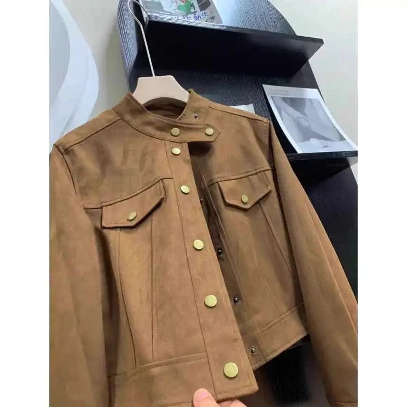 Korean small fragrant Maillard leather jacket female spring new fashion design sense advanced sense sweet cool suede jacket.